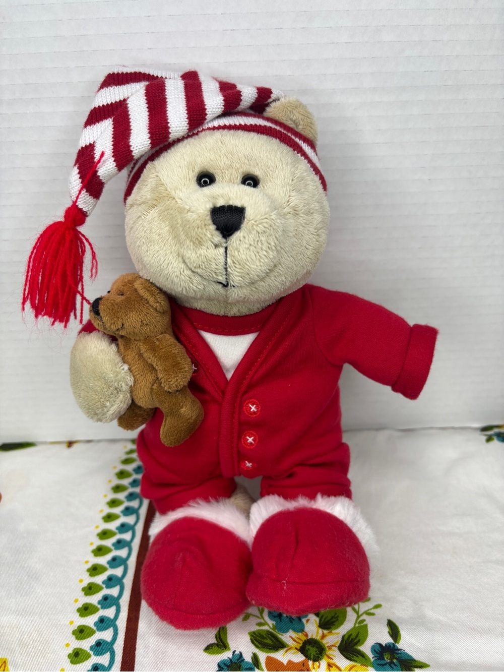 Starbucks Coffee Company 2007 Cream Teddy Red Pajamas with Striped Nightcap